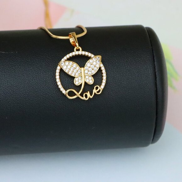 "Rose Gold Butterfly Pendant with Crystals and 'Love' Design, XPPT1478 - Picture 4 of 13